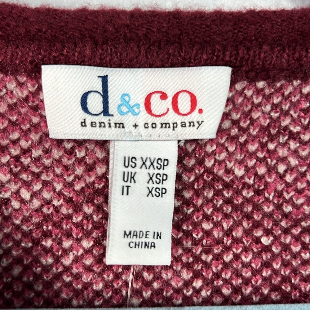 Denim & Co Jacquard Wine Pink  Open Front Long Cardigan Sweater XXS Petite NWOT - Picture 2 of 9